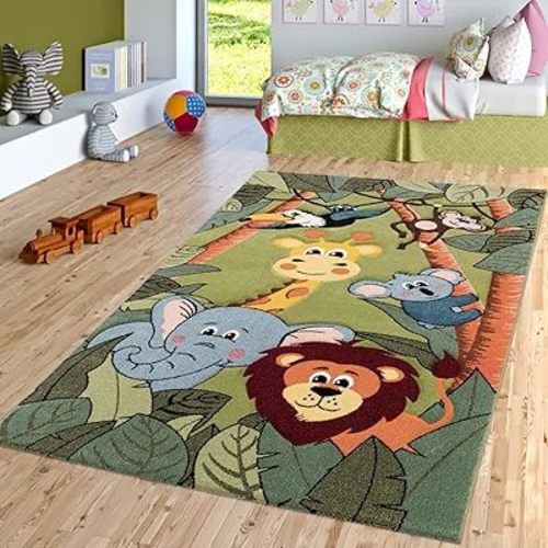 Paco Home Kids Rug for Nursery with Jungle Animals in Green, Size: 3'11" Round