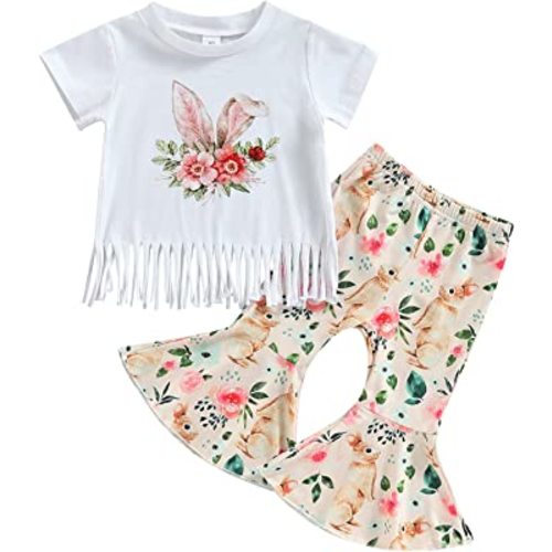 Emmababy Floral Print Outfit T-Shirt + Flare Pants Bell-Bottom