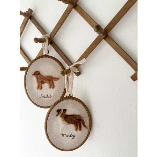 Custom Needle Felt Pet Portrait | Personalized Pet Wall Art in Wooden Hoop | Hand Embroidered Name | Dog Cat Memorial Gift |