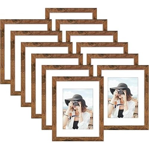 Picrit 8.5x11 Picture Frame Set of 12, Display 6x8 with Mat or 8.5 x 11 Without Mat, Photo Frames for Wall Mounting or Table Top Display, Brown.