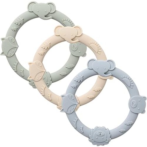 YIVEKO Silicone Teethers for Babies 0-6 6-12 Months Teething Toys for Infants Baby Chew Toys for Sucking Needs Baby Teething Rings for Infant Boys and Girls 3 Pack Animal Baby Blue