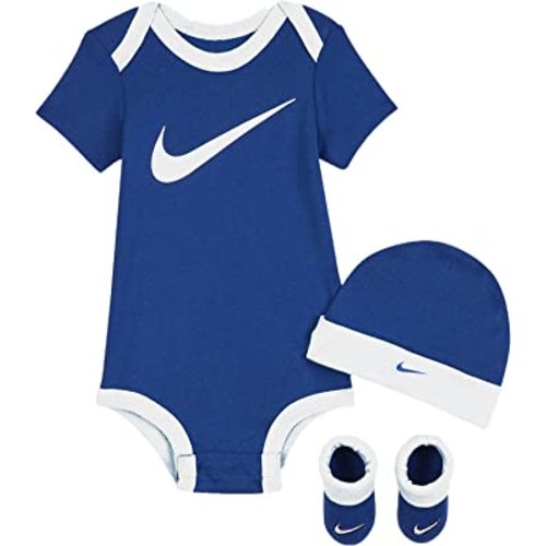 Nike Baby Boys Bodysuit, Hat and Booties 3 Piece Set (Blue Gaze(LN0072-U89)/White, 0-6 Months)