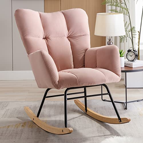 NIOIIKIT Nursery Rocking Chair Velvet Upholstered Glider Rocker Rocking Accent Chair Padded Seat with High Backrest Armchair Comfy Side Chair for Living Room Bedroom (Light Pink Velvet)