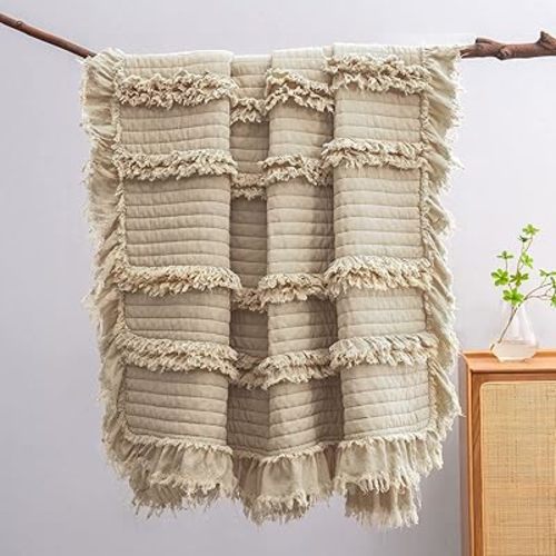 Ultra Soft Pre-Washed Quilted Boho Throw Blanket, Ruffle Fringed Beige Decorative Throw, Stone Washed Chic Rustic Blanket for Sofa Couch Bed Chair, 50"x 60"