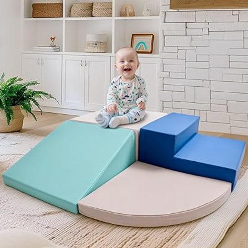 Large 4 Pieces Climbing Toys for Toddlers 1-3,Non-toxic & Eco-friendly Toddler Climbing Toys Indoor, Soft Play Equipment Indoor for Motor Skills, Easy Setup & Clean Climbing Blocks, Blue&White