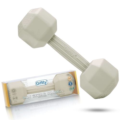 Giftty Baby Dumbbell Toy - Silicone Infant Rattle Teething Toy Teether Toddler Sensory Toy Durable Safe Exercises Workout Weight - Great Gift for Girls and Boys (1pcs 4.8oz - Cream)