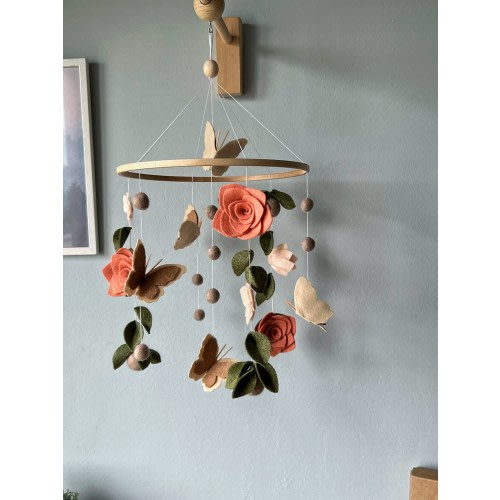 Flowers baby mobile, Butterfly crib mobile, green floral baby mobile, hanging felt mobile, cot mobile for baby girl, flowers nursery decor