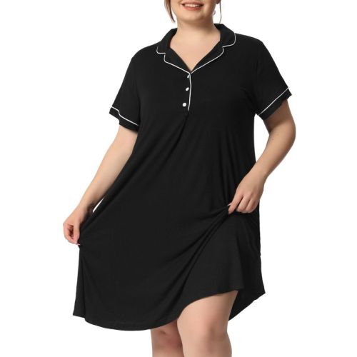 Women's Plus Size Lapel Short Sleeve Button Down Lounge Midi Nightgown - Agnes Orinda 2X Black