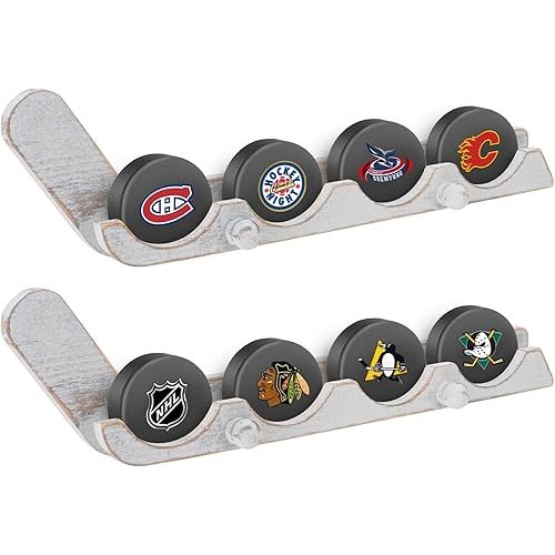 2 Pack Hockey Puck Display Cases Wooden Wall Mount Holder with Hook - Hockey Puck Holder Living Room Stick Decor Accessory for Player Team Gift - Oldwood