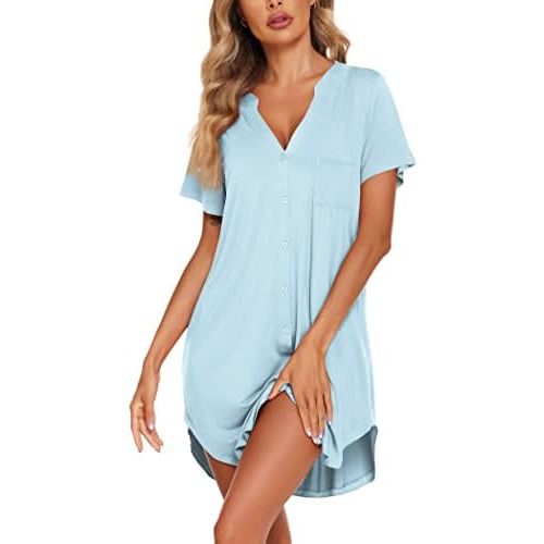 Ekouaer Women Button Down Nightgown V Neck Night Gowns Sleepshirts Short Sleep Shirts