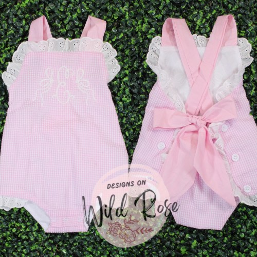 Pink & Blue Seersucker Gingham Sunsuit Bubble Romper Personalized, bows, white, Cute Summer outfit| birthday, baby shower gift, baby toddler