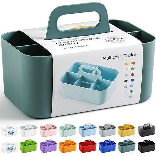 Multiuse Caddy Organizer with Handle, Portable Divided Plastic Tote Bin - Art Craft, Stationary Pen Marker Crayons, Makeup Hair Supplies Storage - Bathroom, Classroom, Dorm, Office, Desk Holder - Cyan