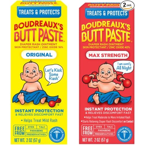 Boudreaux’s Butt Paste Diaper Rash Ointment, Baby Rash Cream Skin Protectant, Fast Relief, Soothing Barrier Cream, Original, Maximum Strength, 2 Ounce Tube (Variety Pack of 2)
