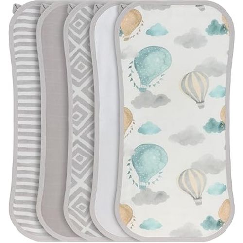 Featherhead 5 Pack Muslin Baby Burp Cloths for Boys & Girls, 22" X 11", Premium Cotton Muslin and Terry Spit up Rags, Super Soft and Absorbent (Green Hot Air Balloons)