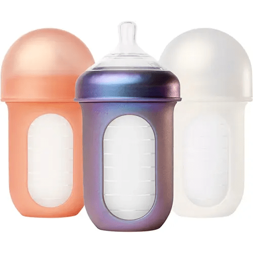Boon Nursh Reusable Silicone Pouch Baby Bottles - Medium Flow Nipple - Silicone Baby Bottle Pouch and Nipple - Baby Feeding Essentials - Metallic - 3-6 Months - 3 Count - 8 Ounce