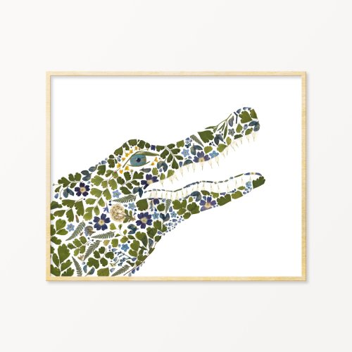 Pressed Flower Alligator Art Print, Alligator Wall Art, Alligator Decor, Crocodile Art