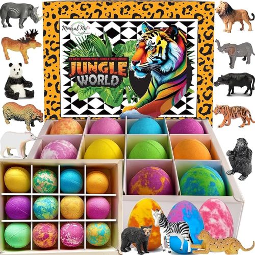 Bath Bombs for Kids with Surprise Inside- 12 pk Kids Bath Bombs with Jungle Toys, Organic, Natural, Skin-Moisturizing Bubble BathBombs. Birthday Gifts for Boys, Girls, Toddlers