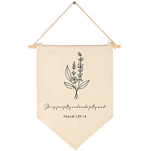 Nursery Scripture Bible Verse-Christian Botanical Decor-Canvas Hanging Pennant Flag Banner Wall Sign Decor Gift for Nursery Bedroom Playroom Front Door Baby Kids Girl Boy Teen- Birthday Christmas Gift