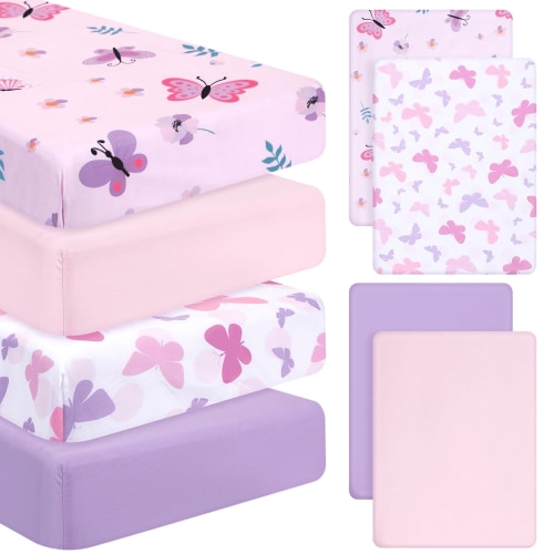 vbfgybxny 4 Pack Butterfly Baby Crib Sheet Set for Girls Standard Size Crib Toddler Mattresses Soft Breathable Sheets for Baby Gifts Nursery Toddler Pink Purple