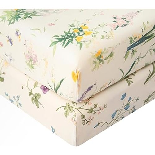 SDIII Floral Pack N Play Sheets Fitted 2 Pack Stretchy Microfiber Jersey Knit Flower Mini Crib Sheets for Mattress 38x26 Soft Toddler Playard Bedding