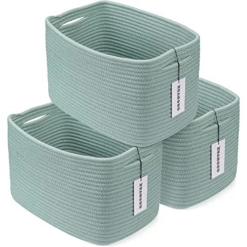 Cotton Rope storage Basket Bins Woven Basket for Organizing Shelves Rectangle Decorative Baskets For storage Clothes Toys Books Towels Square Wicker Nursery basket organizer 3 pack Green