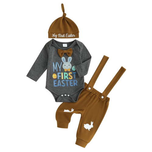 Bagilaanoe 3Pcs Newborn Baby Boys Easter Outfits Overalls Set Long Sleeve Romper Tops + Suspender Pants + Hat 3M 6M 12M 18M Infant Spring Clothes