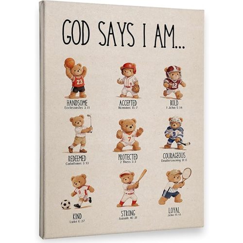 PHAMTE Spots Bear Nursery Christian Wall Art Decor Canvas 11x14, God Says I Am Pictures Decorations, Bible Verse Framed Prints Artwork for Kids Toddler Boy Nursery Room Bedroom Playroom Decor