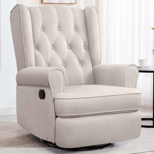 COOLHUT Swivel Rocker Recliner Chair for Adults, Glider Recliner Chairs with Comfy Linen Fabric, Wing Back Accent Chair with Lumbar Support & Overstuffed Arms for Living Room & Home Teatre, Beige