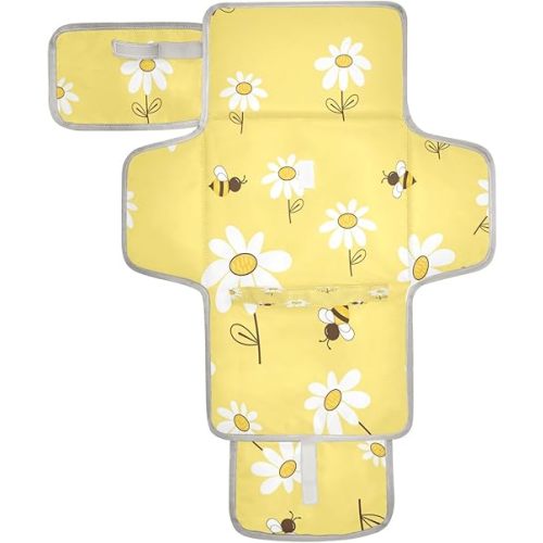 Daisy Flower Flying Bees Baby Portable Changing Pads Yellow Cute Floral Newborn Diaper Changing Mat Reusable Diaper Changing Station for Baby Toddlers Girls Boys Shower Gifts