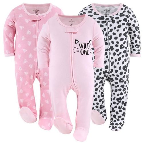 The Peanutshell Footed Baby Sleepers for Girls, Cheetah & Pink Hearts, 3-Pack, Newborn to 12 Month Sizes