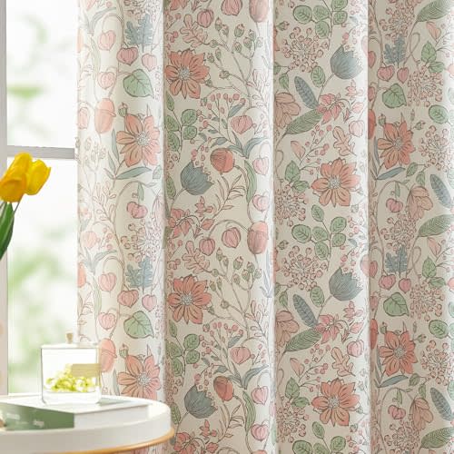 jinchan Pink Floral Blackout Curtains for Bedroom Living Room, Cottagecore Botanical Farmhouse Room Darkening Drapes for Nursery Kids Room, Vintage Nature-Inspired Window Curtains 90 Inch 2 Panels