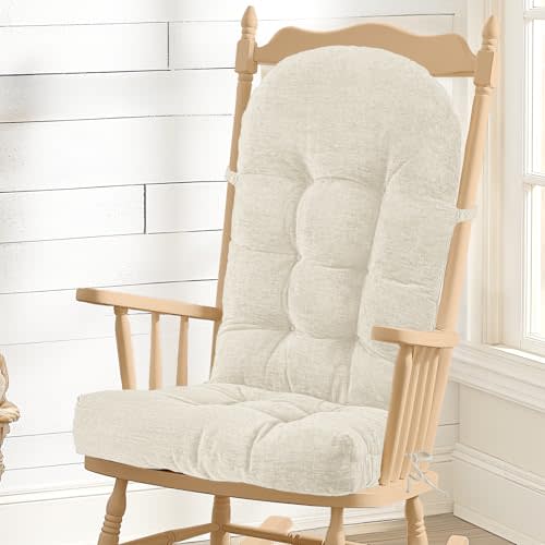 ROFIEJOX Rocking Chair Cushion - Chenille Fabric, High-Density Sponge, Durable Comfort Non-Slip Bottom Tufted Seat Pads with Ties, Chenille︱Oyster White, 44x19x4 inch