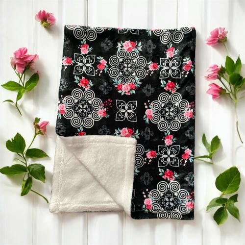 Minky Blanket - Hmong Inspired - Red and Pink Roses Watercolor - Black BG - Baby Blanket, Baby Shower Gift, Gift for Her Girl