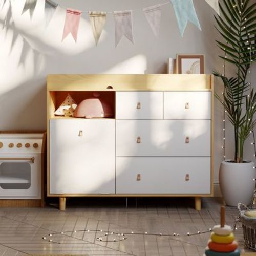 Fufu&gaga Wooden Mixed Color Baby Changing Table Storage Cabinet Leather Pulls Solid Wood Feet Large Space Partitioned Storage