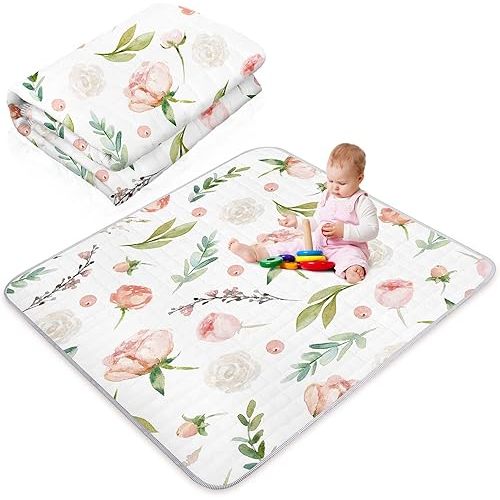Flower Theme Portable Baby Play Mat, 43 x 43 Inch Washable Foldable Crawling Mat, Non Slip Playmat for Babies, Kids Play Mats Pad for Floor Playpen Toddler Infants Tummy Time Activity