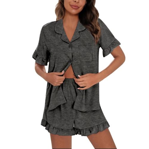 SWOMOG Woman Pajama Set Short Sleeve Pjs Set 2Pcs Short Pajamas Button Down Ruffle Hem Sleepwear Soft Modal Loungewear