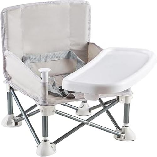 Portable Baby Chair with Removable Tray – Folding Booster Seat for Toddlers 6 Months to 3 Years, Lightweight Travel Highchair for Camping, Beach, Outdoor & Dining Table Use Beige (Grey)