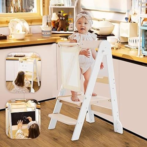 Foldable Toddler Tower, Safety Net, Toddler Kitchen Stool Helper with Chalkboard & Whiteboard, 2 Adjustable Heights Toddler Standing Tower, Wooden Learning Tower for 1-4 Year Kids(White)