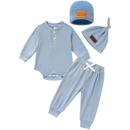 Newborn Baby Boy Girl Clothes Set Ribbed Outfits Solid Long Sleeve Tops Pants Romper Winter Fall Toddler 0-12 Months