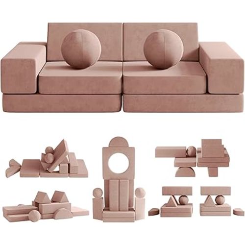 Kids Couch, 12PCS Fold Out Toddler Couch with 2 Balls and Tunnel, Modular Kids Couch for Playroom, Kids Play Couch for Kickball Game, Pitching Game, Over 30 Creative Gameplay Couch for Kids (Pink)