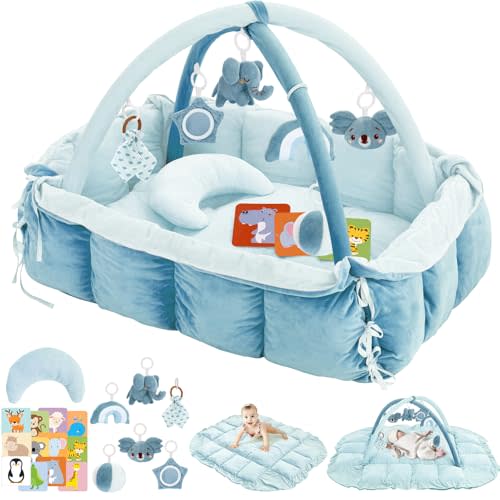 5-in-1 Baby Play Gym and Tummy Time Mat, Tummy Time Pillow & 12 Learning Cards, Plush Activity Mat with 6 Toys, Baby Gym, Convertible to Ball Pit, Baby Gift, Blue