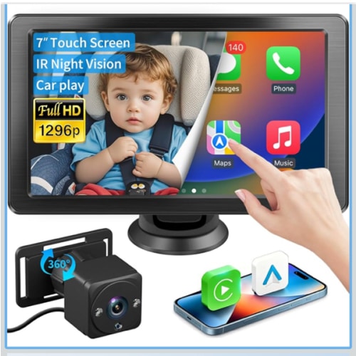 Baby Car Camera, 1296p HD, Car Baby Monitor with 7" Touchscreen, CarPlay, No-Glow Night Vision, 150° Wide Angle, Live Rear Seat View, Easy Installation, Fits Most Cars