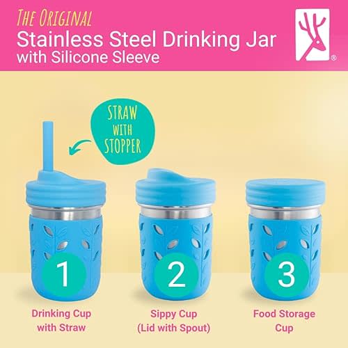 Elk and Friends Stainless Steel Cups | 10 oz Mason Jar design | Kids & Toddler Cups with Silicone Sleeves & Straws with Stopper | Smoothie Cups