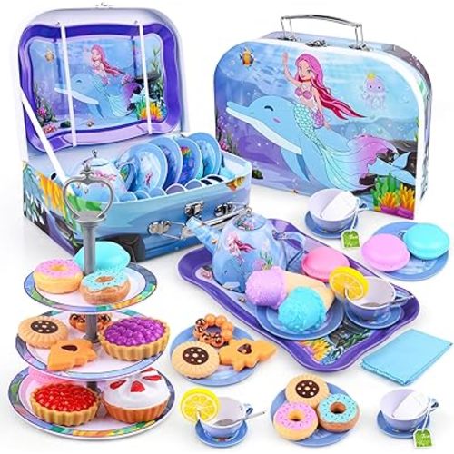 Auney Tea Set Toys for Girls 36pcs, Mermaid Pretend Play Gifts for Toddler Age 3-6, Kids Girls Toys Gifts for Party Time Including Carrying Case (Mermaid Toy)