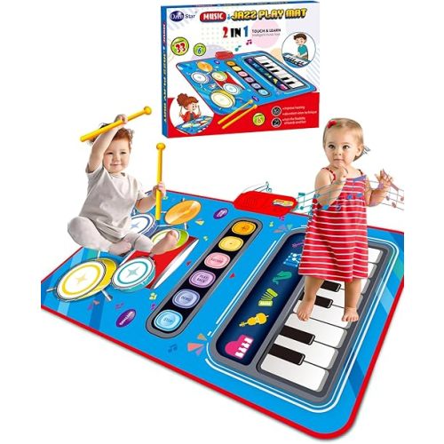 DQMOON Toys for 1 Year Old Boy Gifts, Baby Musical Mat with Piano & Drum, Adjustable Volume, 12-18 Months Toddler Toys, Christmas Birthday Easter Gifts for 1-2 Year Olds Boys Girls (Blue)