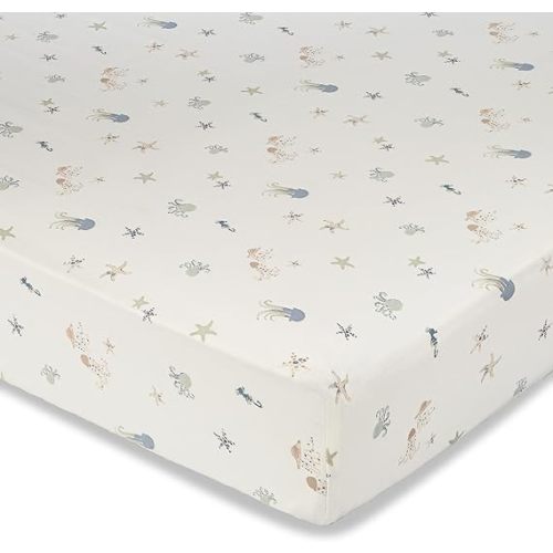 Crane Baby 100% Cotton Under The Sea Fitted Crib Sheet with Jellyfish Design, Neutral Crib Sheets, Fitted Toddler Sheet, 28" x 52" Standard Size Sea Life Crib Sheet