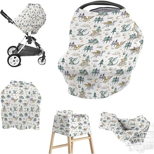 Baby Boy 5-in-1 Car Seat Cover Watercolor Dragon Tale, Multi-use Privacy Nursing Breastfeeding Cover, Carseat Canopy Carrier Newborn Infant Gift