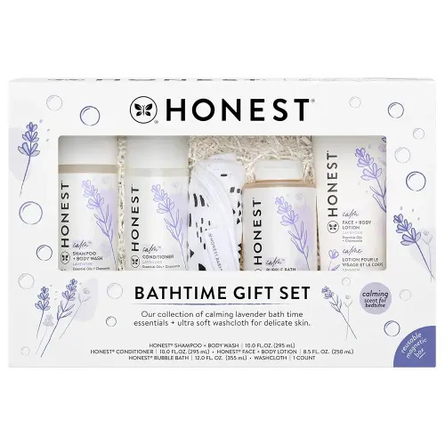 The Honest Company Calming Lavender Bathtime Gift Set | Hypoallergenic Bath Essentials for Sensitive Skin | Shampoo + Body Wash, Face + Body Lotion, Bubble Bath, Conditioner, Wash Cloth