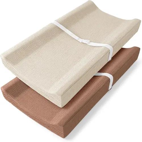Bearmoss Muslin Changing Pad Covers 2Pack 100% Cotton Diaper Change Table Pad Covers 32x16x6in Soft Breathable Changing Table Sheets for Unisex Baby Girls and Boys (Cappuccino)