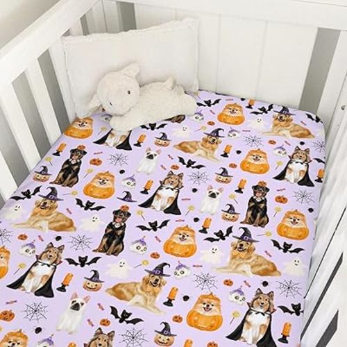 Halloween Dogs Baby Crib Sheet 52''x28'' Dogs Pumpkins Bats Skulls Snug Fitted Mattress Cover for Boy Girl Halloween Party Soft Nursery Baby Bed Sheets for Standard Crib and Toddler Mattress